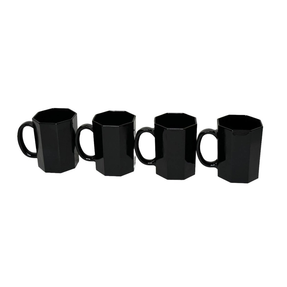 Vintage Arcoroc France OCTIME‎ Black Glass Octagon Set Of 4 Coffee Mugs Cups